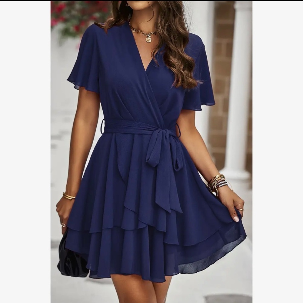 Women’s Navy Wrap Tiered Chiffon Dress